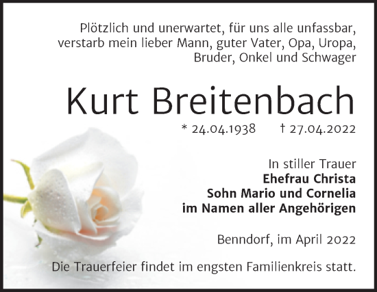 Traueranzeige von Kurt Breitenbach von Trauerkombi Mansfelder Land