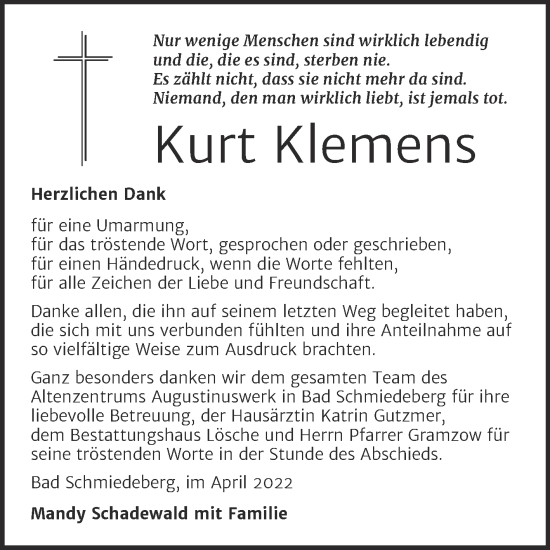 Traueranzeige von Kurt Klemens von Trauerkombi Wittenberg