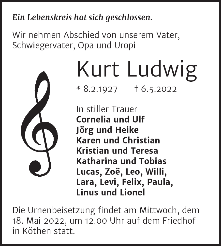  Traueranzeige für Kurt Ludwig vom 13.05.2022 aus Trauerkombi Köthen