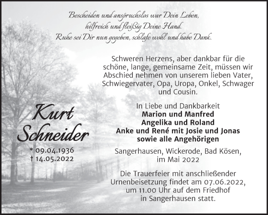 Traueranzeige von Kurt Schneider von Trauerkombi Sangerhausen
