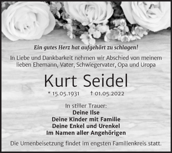 Traueranzeige von Kurt Seidel von Trauerkombi Bitterfeld