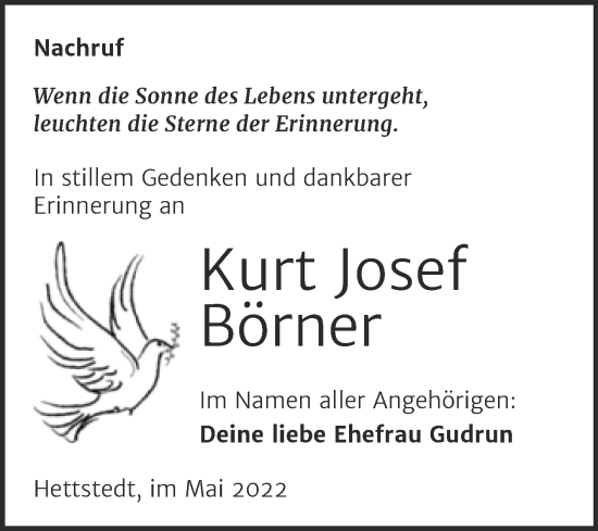 Traueranzeige von Kurt Josef Börner von Trauerkombi Mansfelder Land