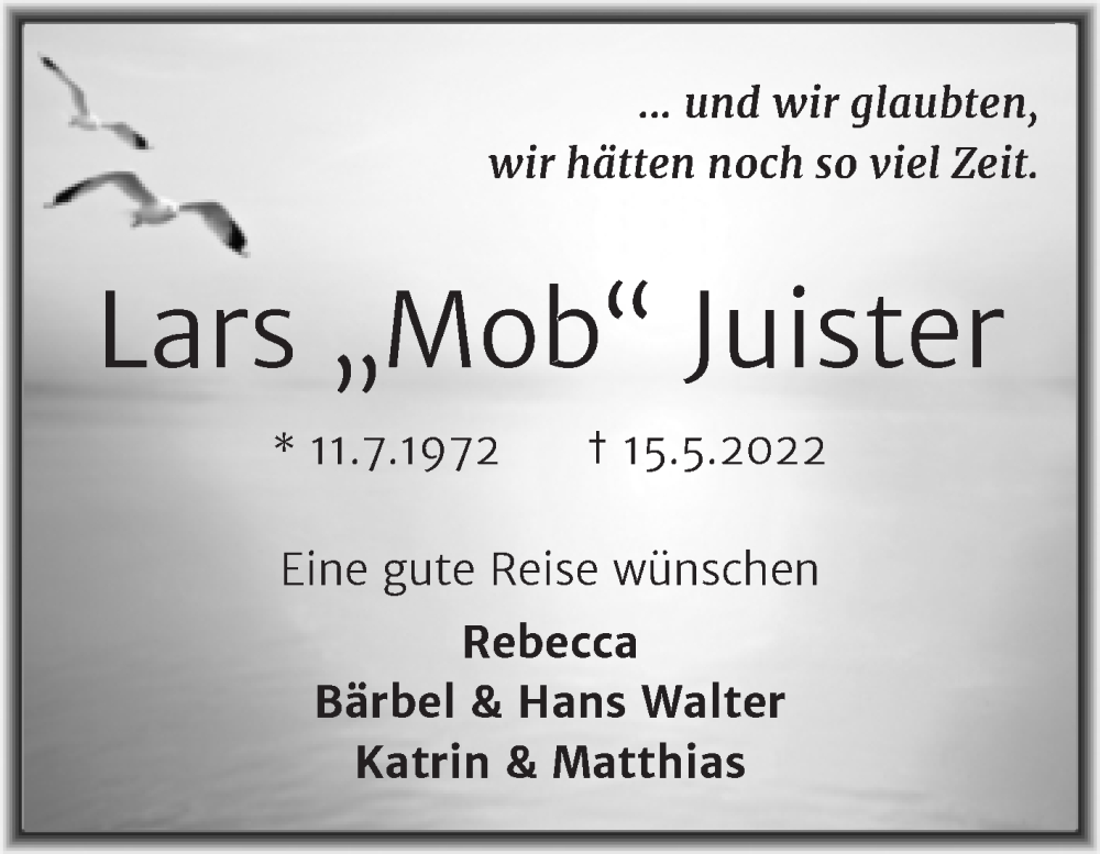 Traueranzeige für Lars  Juister vom 21.05.2022 aus Mitteldeutsche Zeitung Halle/Saalkreis