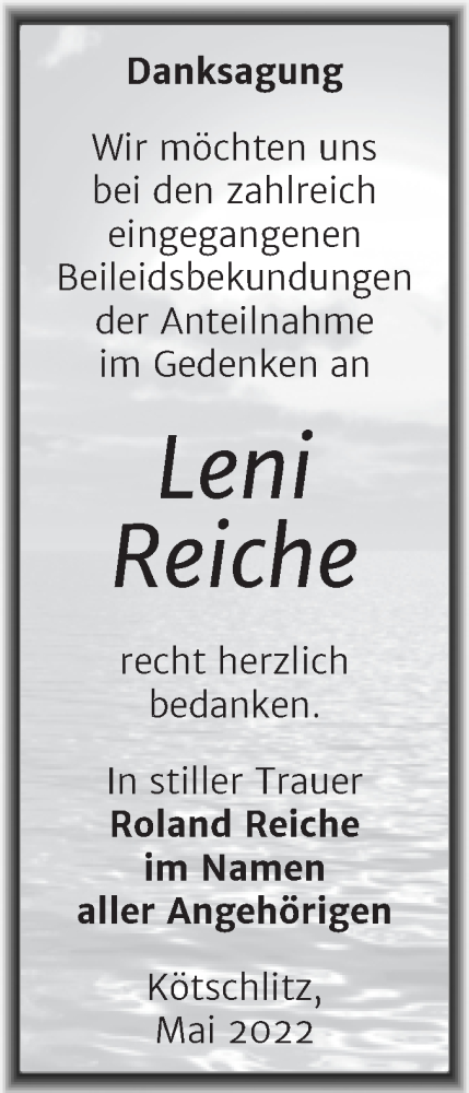 Traueranzeige von Leni Reiche von Trauerkombi Merseburg