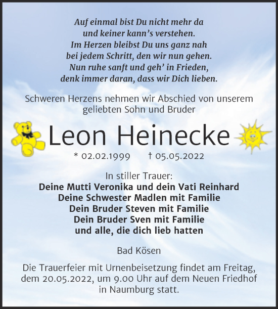 Traueranzeige von Leon Heinecke von Wochenspiegel Naumburg/Nebra