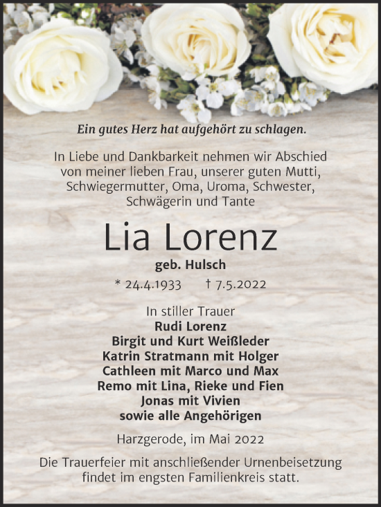 Traueranzeige von Lia Lorenz von Trauerkombi Quedlinburg