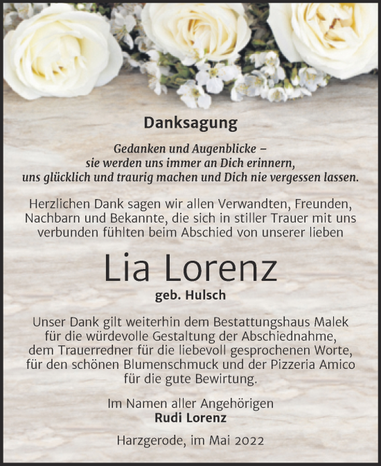 Traueranzeige von Lia Lorenz von Trauerkombi Quedlinburg