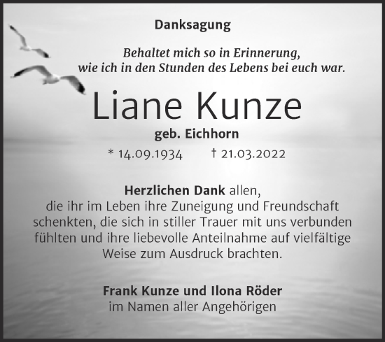 Traueranzeige von Liane Kunze von Trauerkombi Bitterfeld
