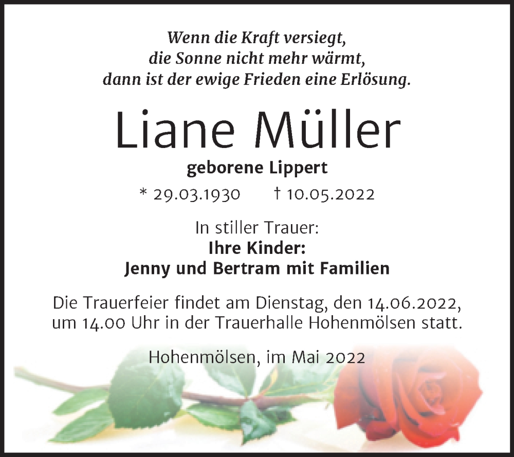  Traueranzeige für Liane Müller vom 18.05.2022 aus Trauerkombi Weißenfels