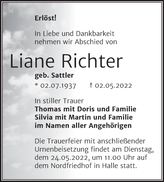 Traueranzeige von Liane Richter von Mitteldeutsche Zeitung Halle/Saalkreis