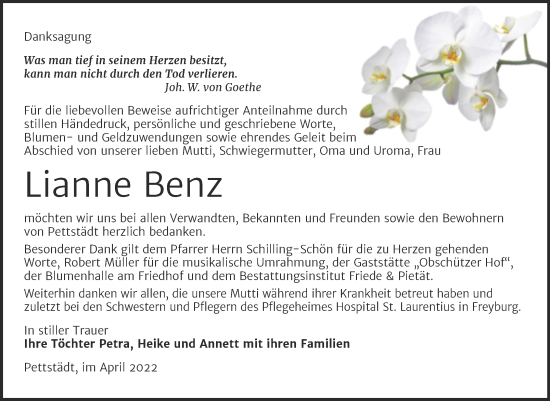 Traueranzeige von Lianne Benz von Trauerkombi Weißenfels
