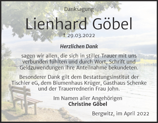 Traueranzeige von Lienhard Göbel von Trauerkombi Wittenberg
