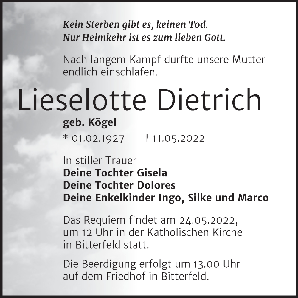  Traueranzeige für Lieselotte Dietrich vom 18.05.2022 aus Trauerkombi Bitterfeld