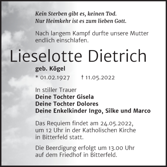 Traueranzeige von Lieselotte Dietrich von Trauerkombi Bitterfeld