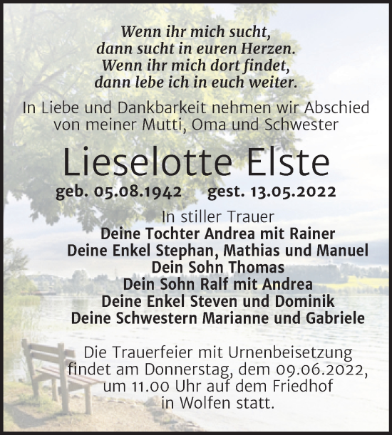 Traueranzeige von Lieselotte Elste von Trauerkombi Bitterfeld