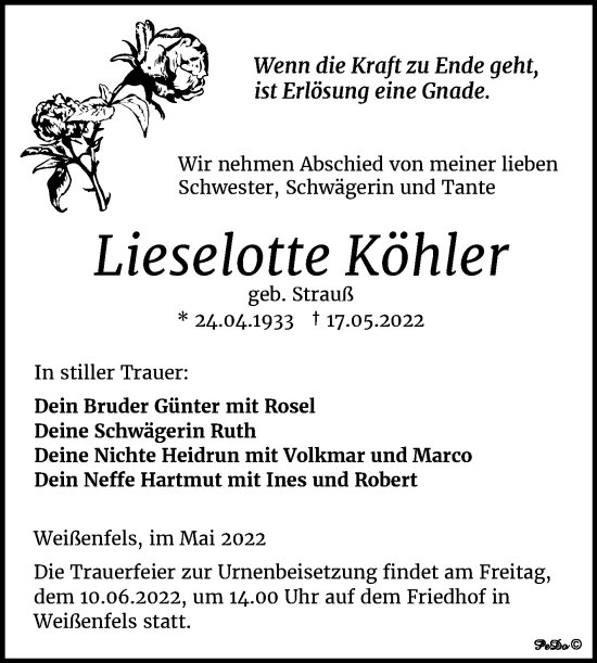 Traueranzeige von Lieselotte Köhler von Trauerkombi Merseburg
