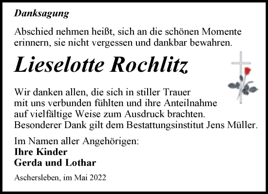 Traueranzeige von Lieselotte Rochlitz von Trauerkombi Aschersleben