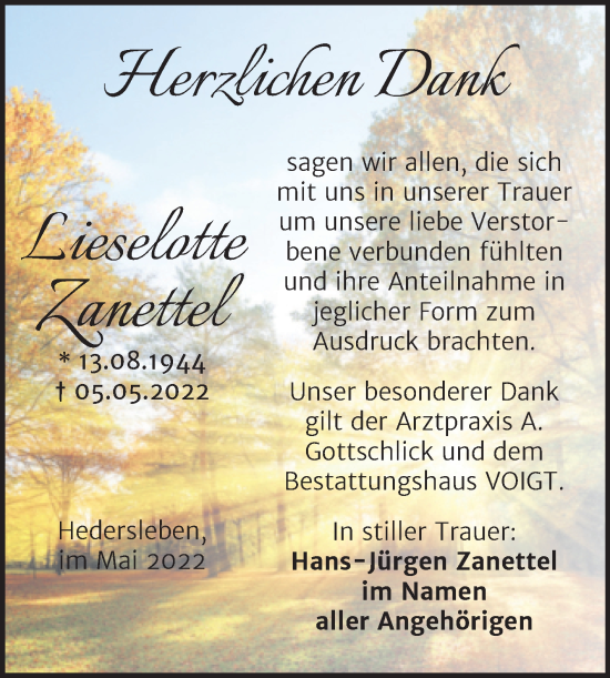 Traueranzeige von Lieselotte Zanettel von Trauerkombi Mansfelder Land