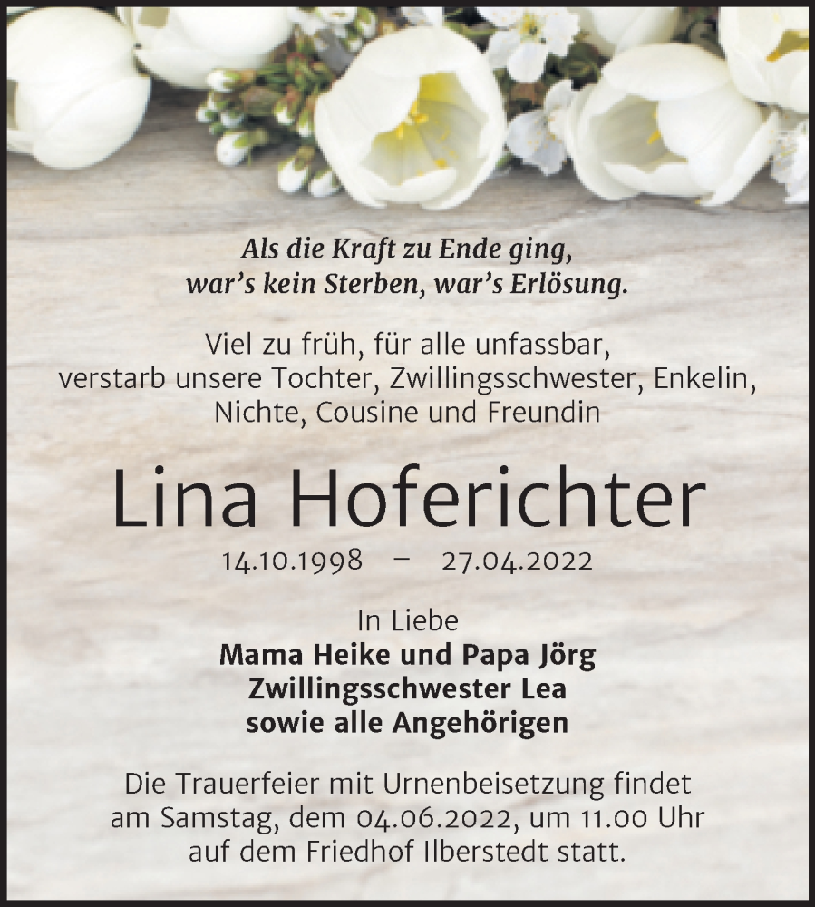  Traueranzeige für Lina Hoferichter vom 14.05.2022 aus Trauerkombi Bernburg