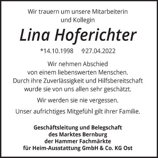 Traueranzeige von Lina Hoferichter von Mitteldeutsche Zeitung Bernburg