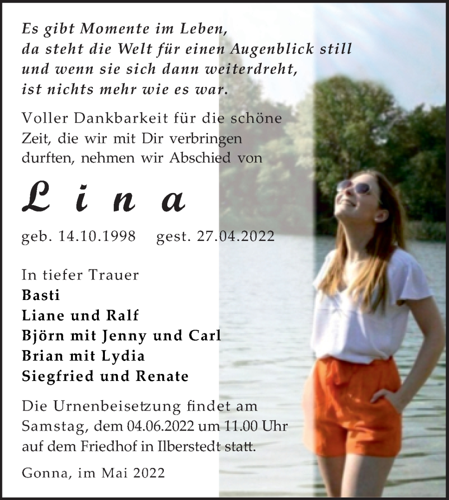  Traueranzeige für Lina Hoferichter vom 14.05.2022 aus Trauerkombi Sangerhausen