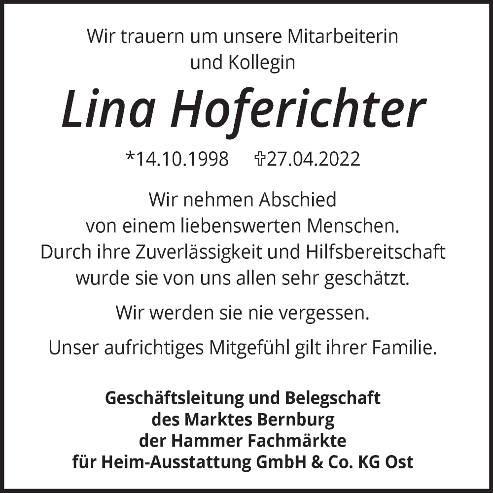  Traueranzeige für Lina Hoferichter vom 07.05.2022 aus Mitteldeutsche Zeitung Bernburg