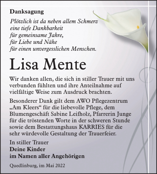Traueranzeige von Lisa Mente von Trauerkombi Quedlinburg