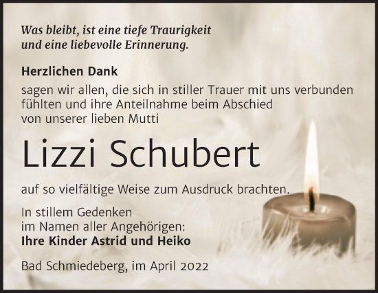 Traueranzeige von Lizzi Schubert von Trauerkombi Wittenberg