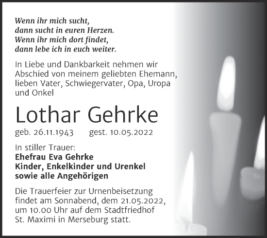 Traueranzeige von Lothar Gehrke von Trauerkombi Merseburg