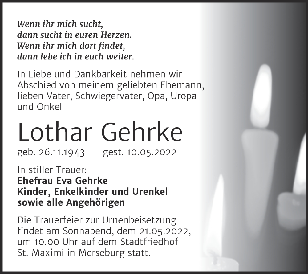 Traueranzeige für Lothar Gehrke vom 14.05.2022 aus Trauerkombi Merseburg