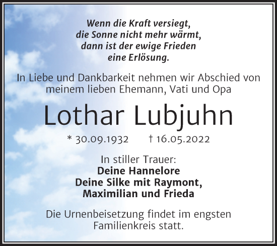 Traueranzeige von Lothar Lubjuhn von Mitteldeutsche Zeitung Halle/Saalkreis