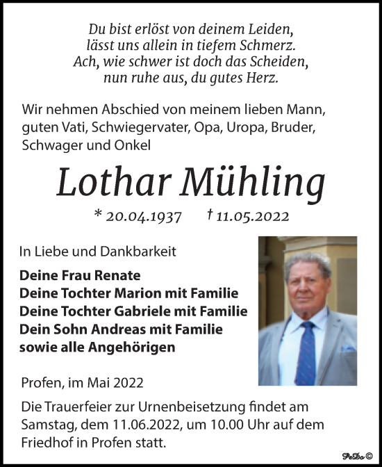 Traueranzeige von Lothar Mühling von Trauerkombi Zeitz