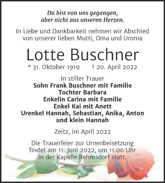 Traueranzeige von Lotte Buschner von Trauerkombi Zeitz