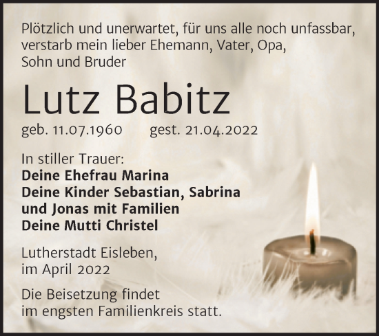 Traueranzeige von Lutz Babitz von Trauerkombi Mansfelder Land