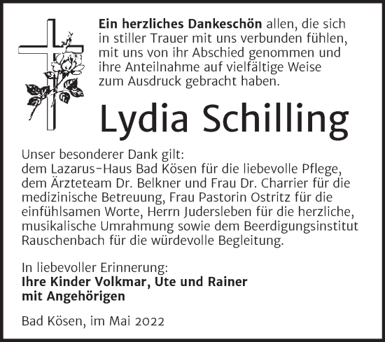 Traueranzeige von Lydia Schilling von Wochenspiegel Naumburg/Nebra