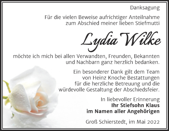 Traueranzeige von Lydia Wilke von Trauerkombi Aschersleben