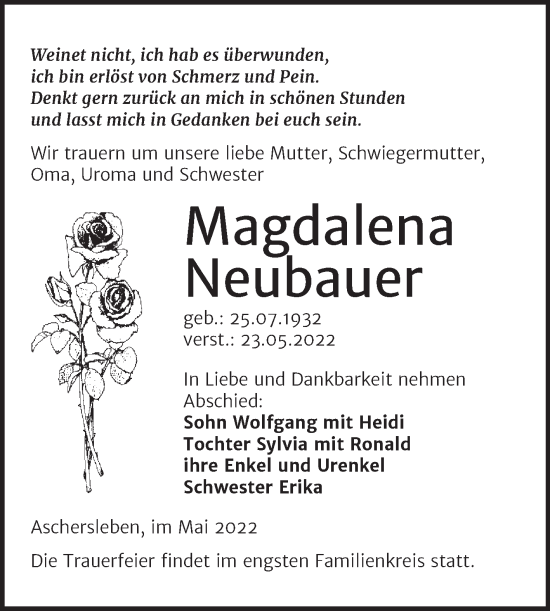 Traueranzeige von Magdalena Neubauer von Trauerkombi Aschersleben