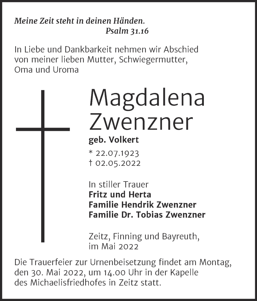  Traueranzeige für Magdalena Zwenzner vom 07.05.2022 aus Trauerkombi Zeitz
