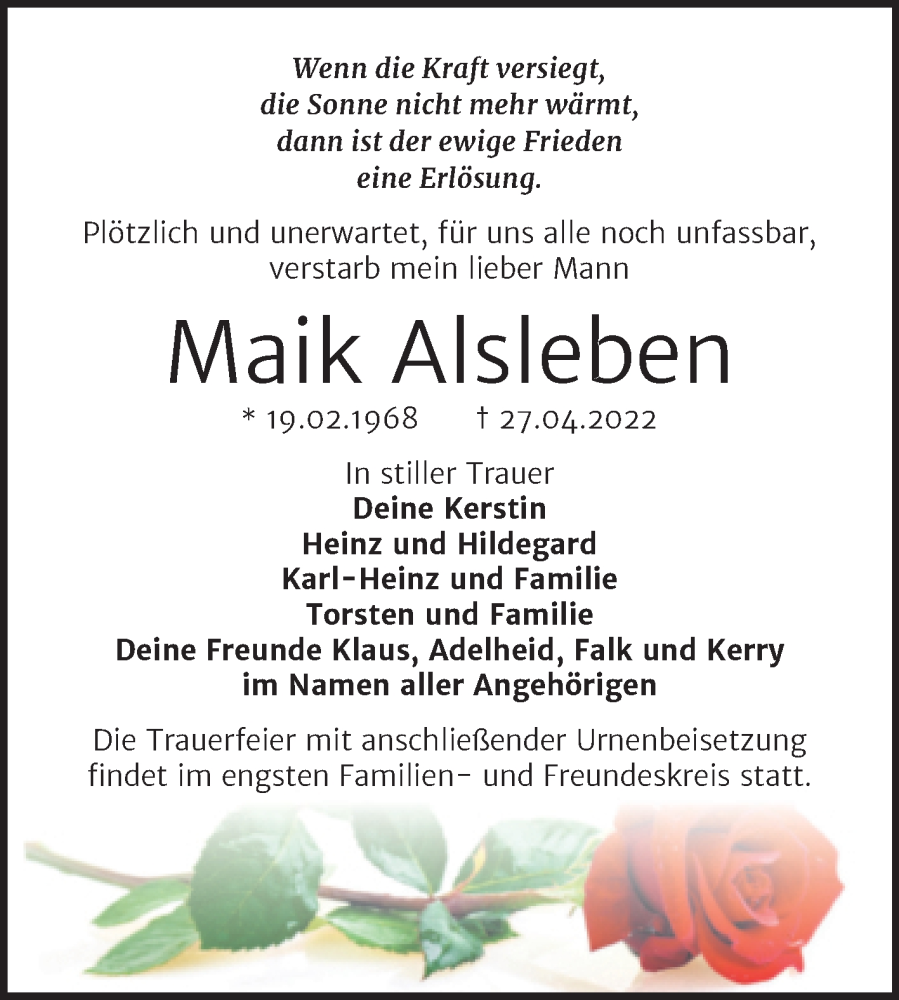  Traueranzeige für Maik Alsleben vom 14.05.2022 aus Trauerkombi Wittenberg