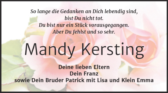 Traueranzeige von Mandy Kersting von Trauerkombi Mansfelder Land
