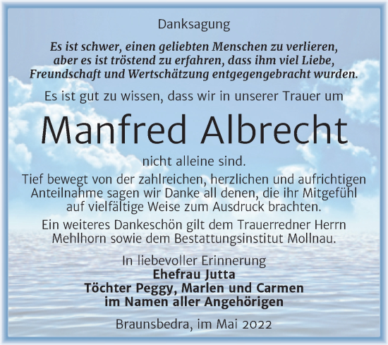 Traueranzeige von Manfred Albrecht von Trauerkombi Merseburg