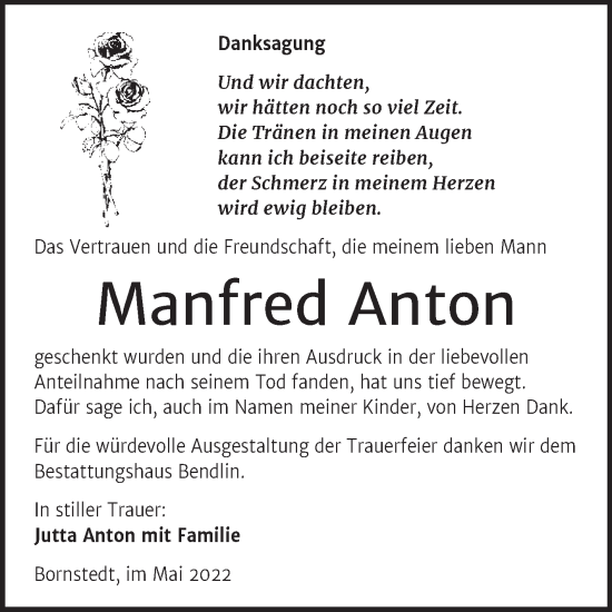 Traueranzeige von Manfred Anton von Trauerkombi Mansfelder Land