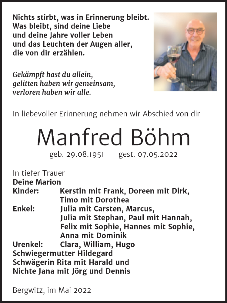  Traueranzeige für Manfred Böhm vom 14.05.2022 aus Trauerkombi Wittenberg