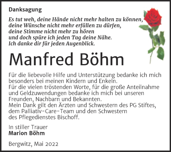 Traueranzeige von Manfred Böhm von Trauerkombi Wittenberg