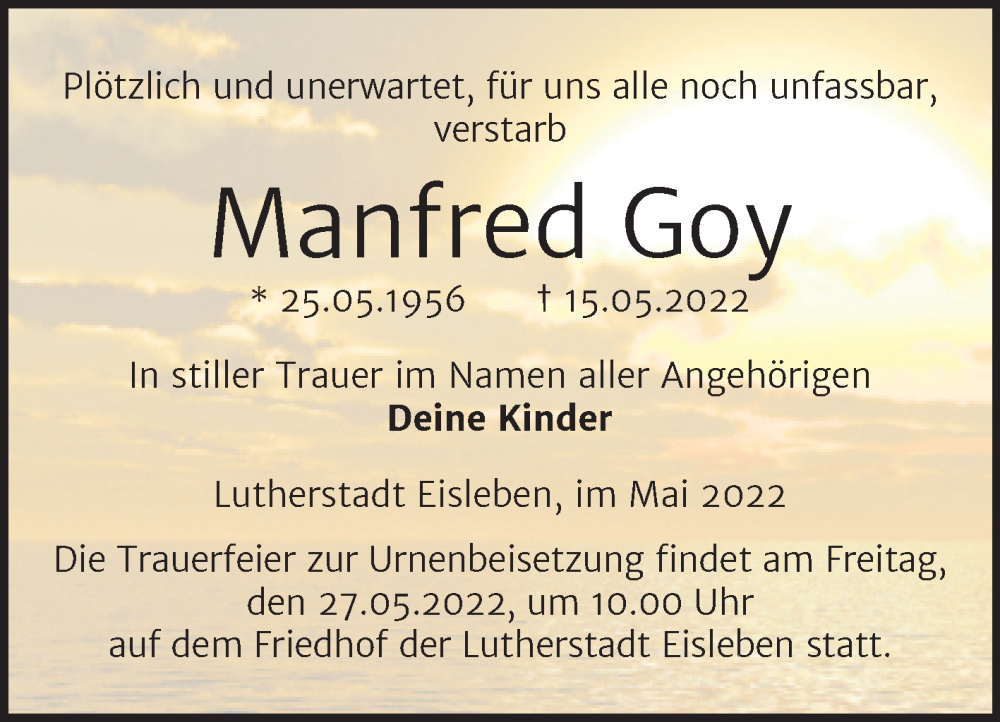  Traueranzeige für Manfred Goy vom 21.05.2022 aus Trauerkombi Mansfelder Land