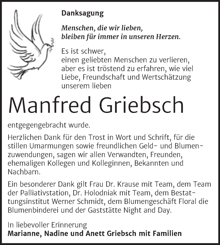  Traueranzeige für Manfred Griebsch vom 21.05.2022 aus Trauerkombi Quedlinburg