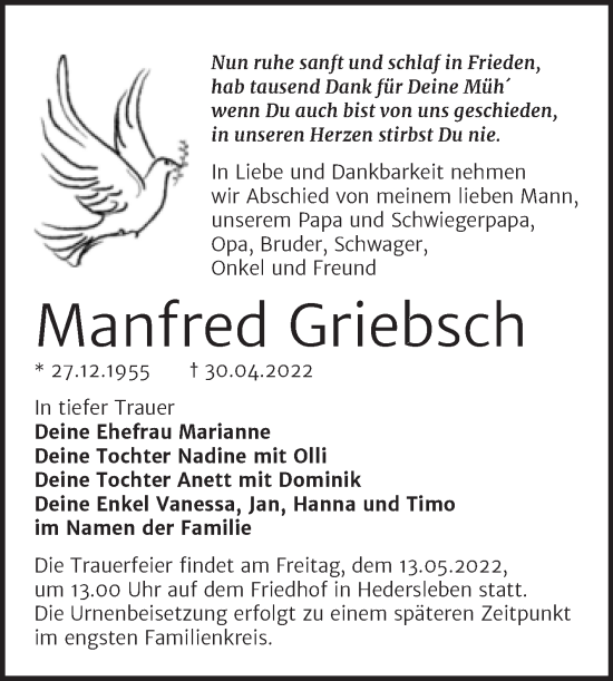 Traueranzeige von Manfred Griebsch von Trauerkombi Quedlinburg