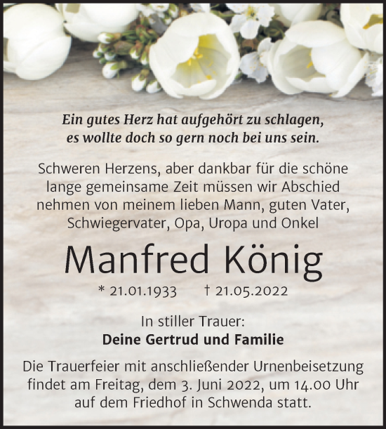 Traueranzeige von Manfred König von Trauerkombi Sangerhausen