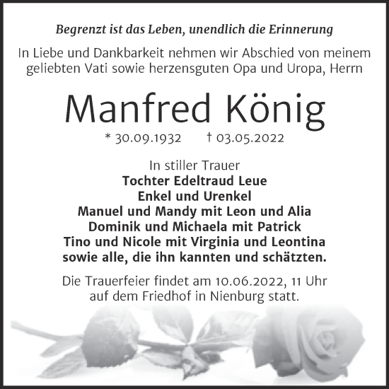 Traueranzeige von Manfred König von Trauerkombi Bernburg