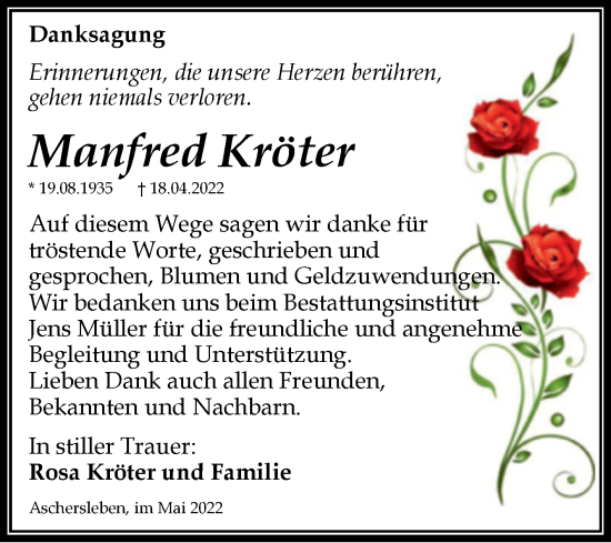 Traueranzeige von Manfred Kröter von Trauerkombi Aschersleben